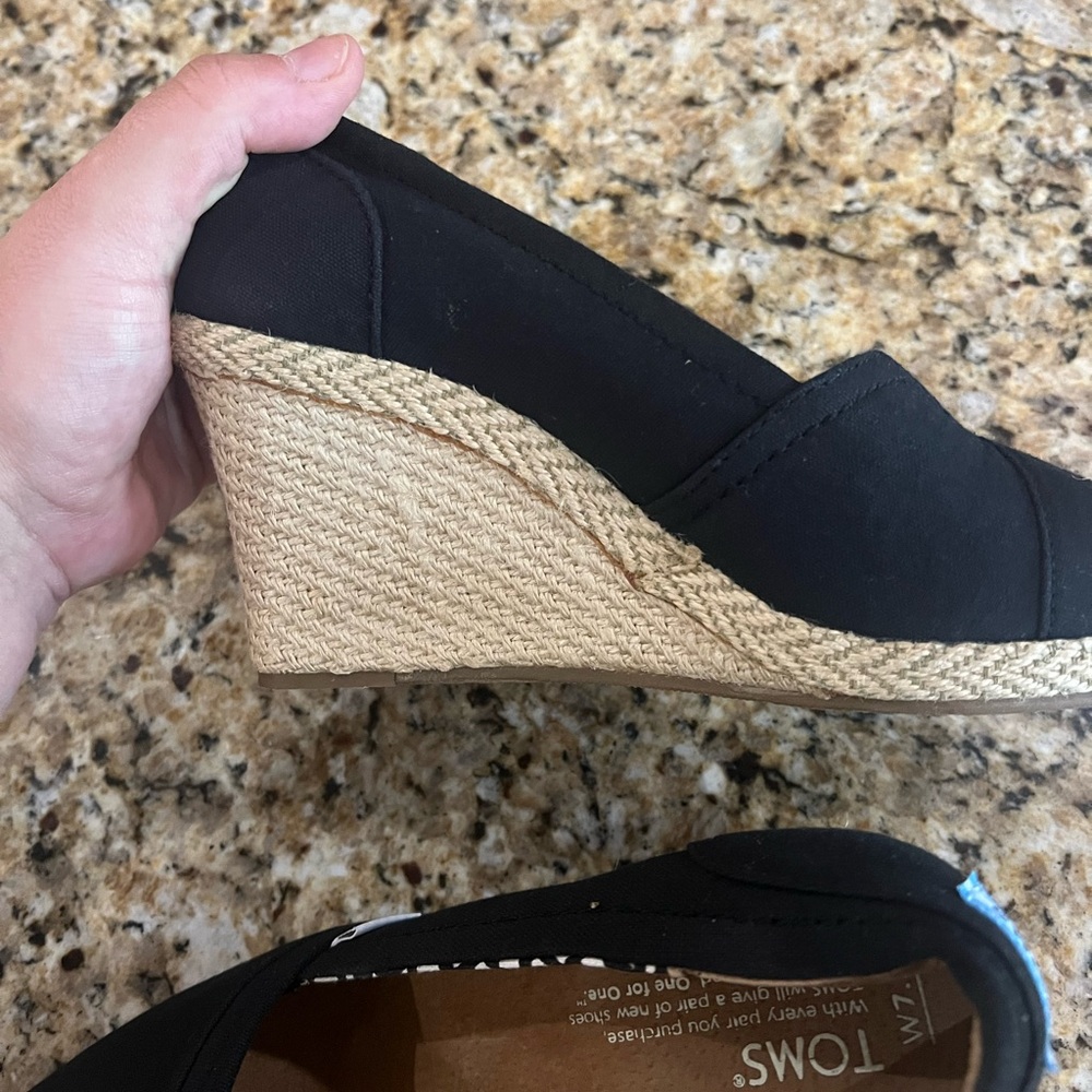 TOMS Black Canvas Peep-Toe Espadrille Wedges - Picture 9 of 9